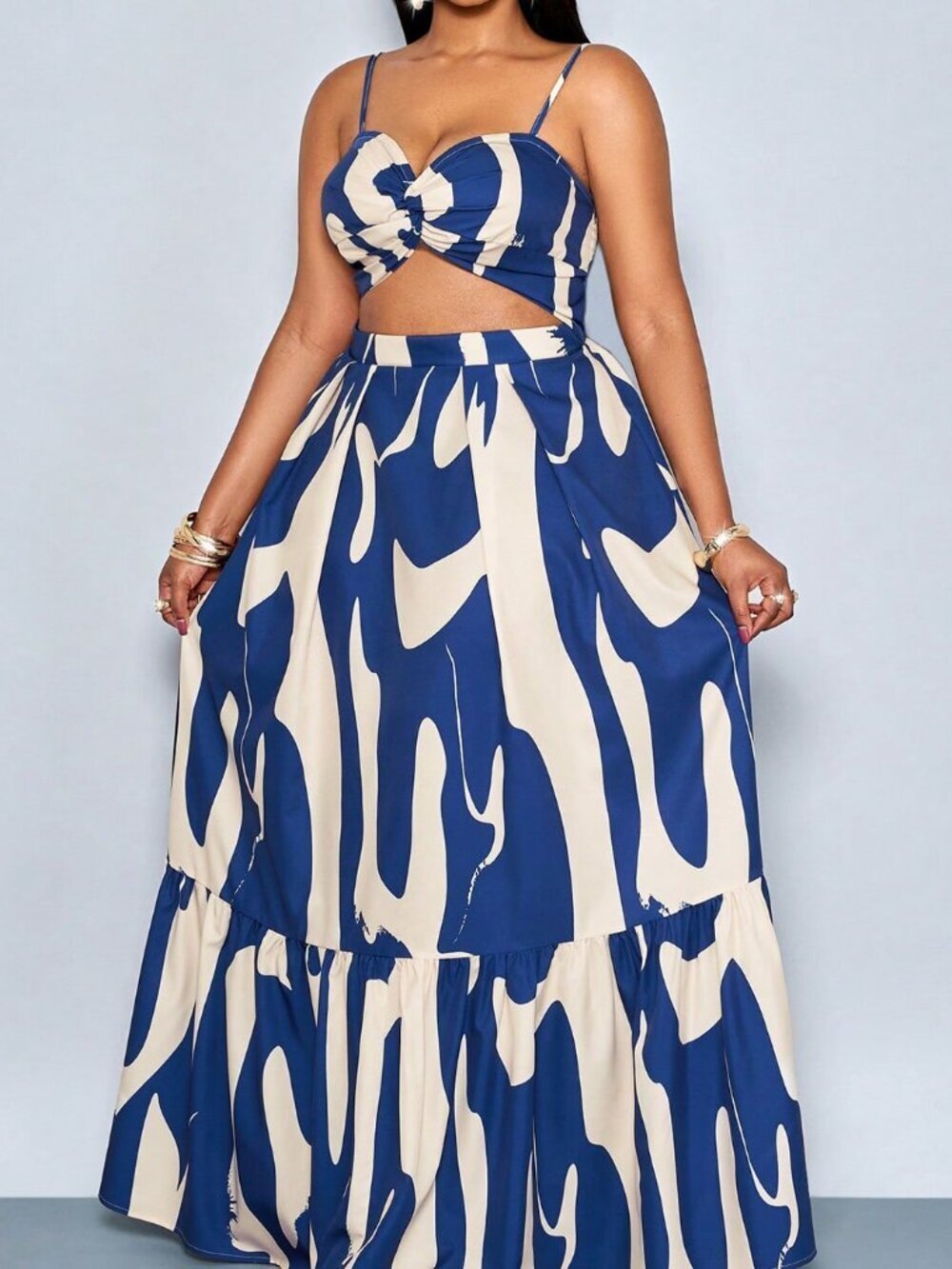 blue Boho Women's Plus Size Elegant Sleeveless Printed Cinched Waist Maxi Dress - Picture 5 of 7